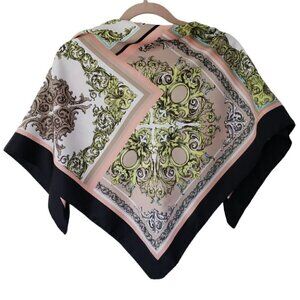 Vintage Scarf Baroque Print Pale Peach Green Blue With Black Border